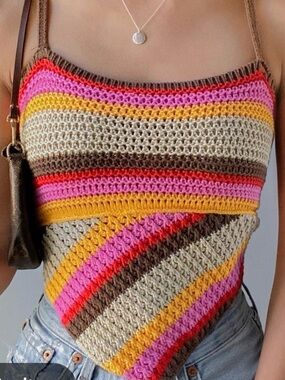 Urban Outfitters Crocheted Striped Hanky Cami in Pink, Yellow & Brown